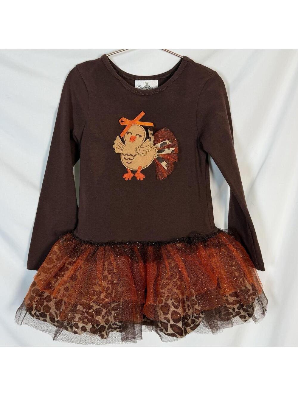 Rare Editions Girls Dress Brown Orange Thanksgiving Fall Tulle Long Sleeve 6